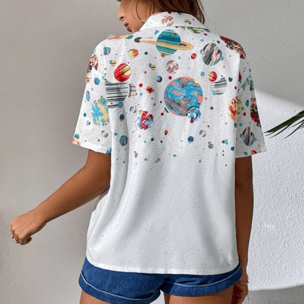Space Patterned Button Down - White Short Sleeve - image 2